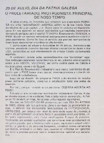 �25 de xulio, Dia da patria galega. O proletariado, protagonista principal do noso tempo�