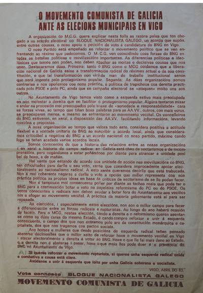 �O movemento comunista de Galicia ante as elecions municipais en Vigo�