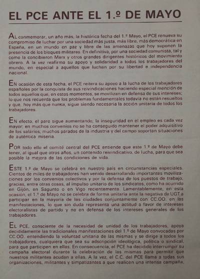 �El PCE ante el 1�  de mayo�
