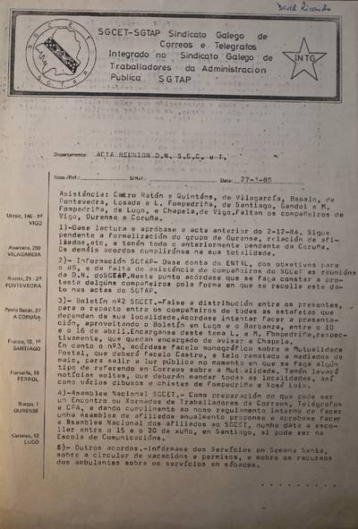 Acta da reuni�n do Sindicato Galego de Correos e Tel�grafos, de marzo de 1985