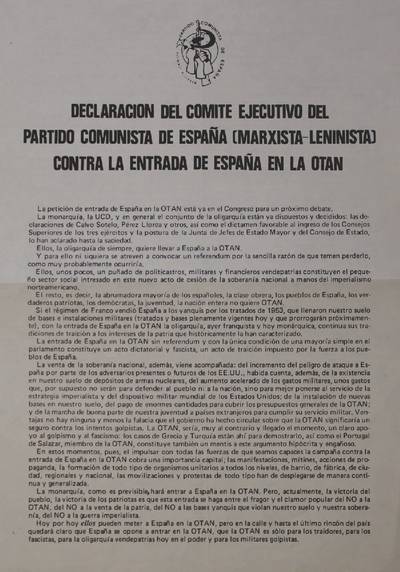 �Declaracion del comite ejecutivo del Partido Comunista de Espa�a (Marxista-Leninista) contra la rntrada de Espa�a en la OTAN�