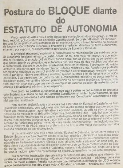 �Postura do Bloque diante do Estatuto de Autonomia�