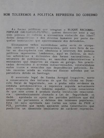 �Non toleremos a politica represiva do goberno�