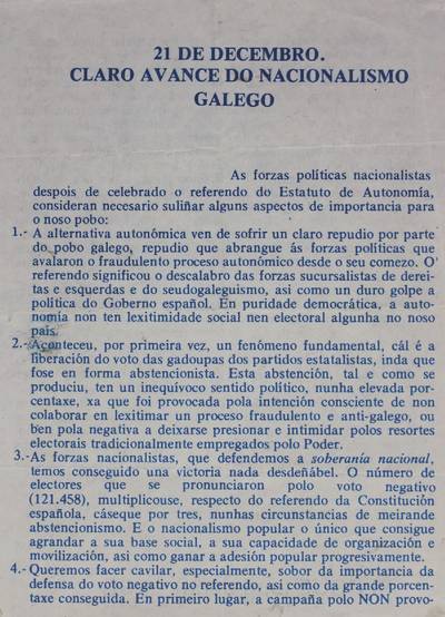 �21 de decembro. Claro avance do nacionalismo galego�