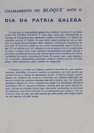 �Chamamento do Bloque ante o dia da patria galega�