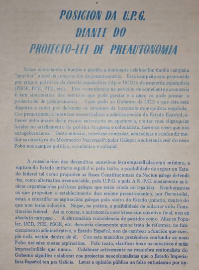 �Posicion da UPG diante do Proiecto-Lei de Preautonomia�
