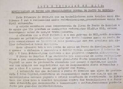 �Ante o primeiro de maio: movilizacion de todos los traballadores contra do pacto da Moncloa�