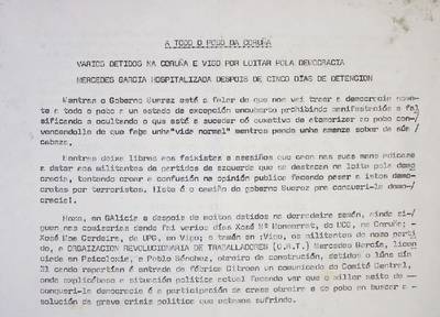 �A todo o pobo da Coru�a. Varios detidos na Coru�a e Vigo por loitar pola democracia. Mercedes Garcia hospitalizada despois de cinco dias de detencion�